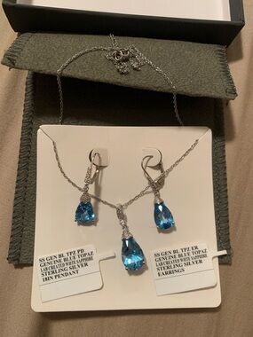 NWT Sterling Silver Blue Topaz & White Sapphire Teardrop Necklace & Earring Set